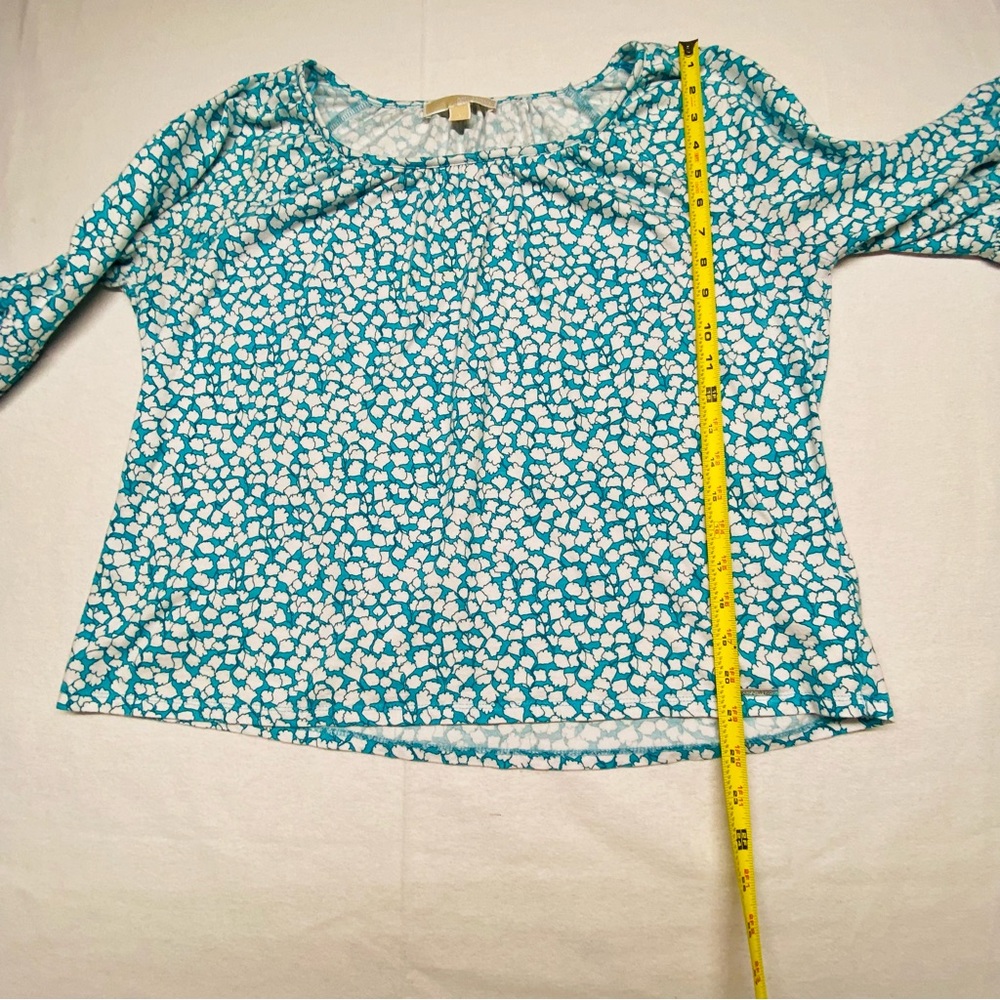 Michael Michael Kors Scoop Neck Pullover Size L 3/4 Bell sleeves Turquoise White - Picture 9 of 13